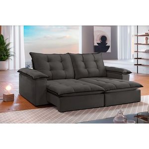 Sofá Retrátil E Reclinável 2,50m 4 Lugares Cinza/preto