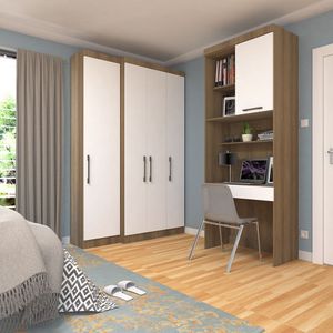 Quarto Home Office Com Guarda Roupas E Bancada De Estudos Paris Luciane Móveis Avelã Pf Com Branco Pf