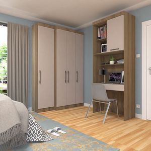Quarto Home Office Com Guarda Roupas E Bancada De Estudos Paris Luciane Móveis Avelã Pf Com Cinammon Pf