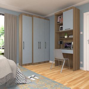 Quarto Home Office Com Guarda Roupas E Bancada De Estudos Paris Luciane Móveis Avelã Pf Com Grey Sky Pf