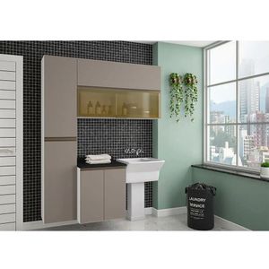 Armário De Lavanderia 3 Pçs Com Tampo Vidro Reflecta Pérola Móveis Branco Polar Com Connect Preto
