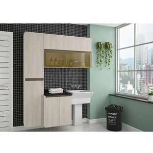 Armário De Lavanderia 3 Pçs Com Tampo E Vidro Pérola Móveis Branco Polar Com Legno Crema E Preto