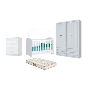 Berço Cômoda Labirinto E Guarda Roupa 4 Pts Branco E Colchão