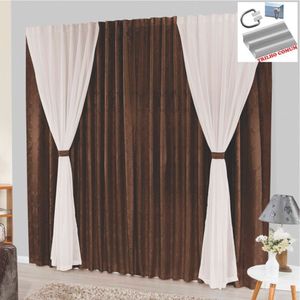 Cortina Bhaly Jacquard E Voal 3,00 X 2,50 Para Trilho Comum - Tabaco