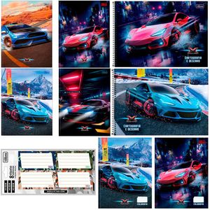 Kit Material Escolar Tilibra X-Racing Carro Caderno Etiqueta