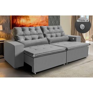 Sofá 4 Lugares 252cm Retrátil Reclinável 3 Portas Usb Cinza
