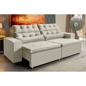 Sofá 4 Lugares 252cm Bege Retrátil, Reclinável, 3 Portas Usb