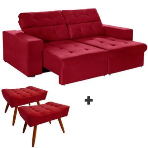Sofá 4 Lugares 2,50m Retrátil +2 Puffs Pés Palito Vermelho