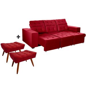 Sofá 4 Lugares 2,50m Retrátil +2 Puffs Pés Palito Vermelho