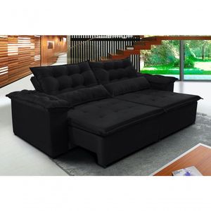 Sofá Veneza 250cm Retrátil Com Molas Preto- Ws