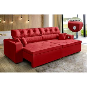 Sofá 5 Lugares Retrátil 302 M Carregamento Usb Vermelho