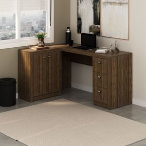 Mesa Para Escritório Em L Com 3 Gavetas E Armários Nogal