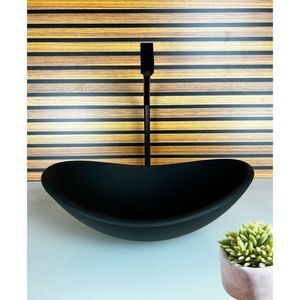 Kit Cuba Vidro Oval 47cm Torneira E Valvula Preto Fosco