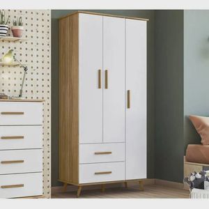 Guarda Roupa Infantil Retrô Lunare 3 Portas E 2 Gavetas Nature Com Branco - Peternella Móveis
