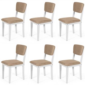 Conjunto 6 Cadeiras De Jantar Estofada Em Madeira Maciça Ella Branco/marrom Claro