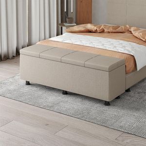 Baú Sapateira Estofada Casal King Size 195 Cm Marte Linho Skybox Bege