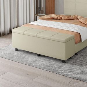 Baú Sapateira Estofada Casal Queen Size 160 Cm Marte Corino Skybox Bege