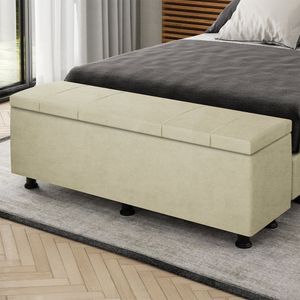 Baú Sapateira Estofada Casal Queen Size 160 Cm Venus Veludo Skybox Bege