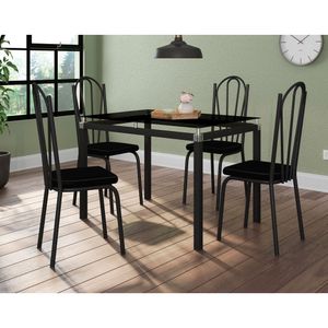 Conjunto De Mesa Com 4 Cadeiras Tampo De Vidro 107cm Preto Fosco Assento Preto