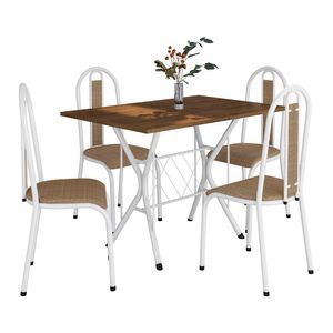 Conjunto De Mesa Bruna Com 4 Cadeiras Tampo Bp 91cm Branco Liso Assento Rattan