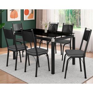 Conjunto De Mesa Com 6 Cadeiras Tampo De Vidro 140cm Preto Fosco Assento Andorinha