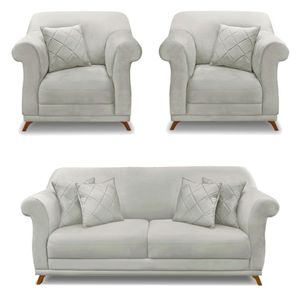 Kit 2 Poltronas E Sofá 1,80m Pés Castanho Cinza Prata