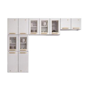 Cozinha Modulada Completa Diamante 3pçs 2 Armários + 1 Paneleiro C/ 5 Portas De Vidro Branco Telasul