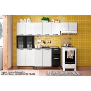 Kit De Cozinha Completa 4 Peças Múltipla (2 Armários 1 Balcão 1 Paneleiro) C4p86 Branco/preto