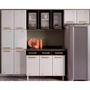Kit De Cozinha 4 Peças Diamante 3 Portas Vidro (2 Armários 1 Balcão 1 Paneleiro) Branco/preto