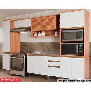 Cozinha Completa Thela Macadâmia (2 Aéreos + 1 Balcão + 2 Paneleiros) 5pçs Freijo/branco - Telasul