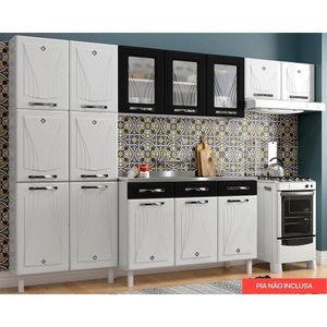 Kit Cozinha Mod. 3pçs 4pçs 2 Armários 3 Portas Vidro 1 Balcão 1 Paneleiro Branco/Preto Telasul