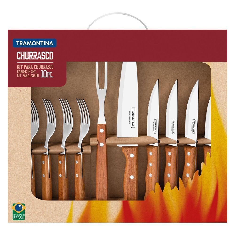 Jogo para Churrasco Tramontina com Lâminas em Aço Inox e Cabos de Madeira  Natural 3 Peças de Qualidade em Promoção