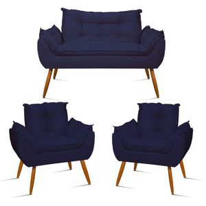 Kit Sofá Opala + 2 Poltronas Opala Sala De Estar Cor:azul Marinho