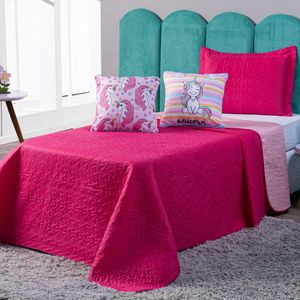 Kit Cobre Leito Unicórnio Listrado Pink/rosa Dupla Face C/ Almofadas Solteiro 04 Peças