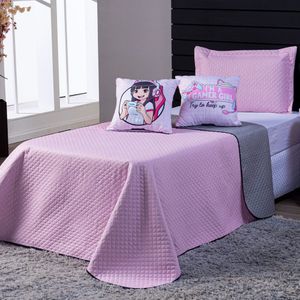 Kit Cobre Leito Girl Gamer Rosa/cinza Dupla Face C/ Almofadas Queen 05 Peças