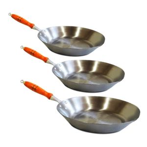 Kit Jogo Frigideiras Aço Carbono Chapa 1Mm Cabo De Madeira