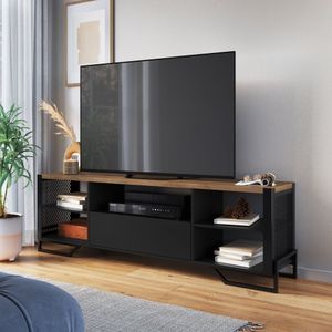 Rack Para Tv Ate 60'' Estilo Industrial 180cm Em Mdp Com 1 Gaveta E Laterais Teladas P1017 Preto Mel