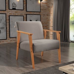 Poltrona Em Linho 78cm Com Braços De Madeira Perla Cinza