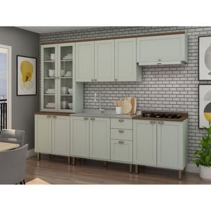 Cozinha Completa Com Cristaleira E Balcão Para Cooktop 100% Mdf Iluminata Verde Mint-ébano Fosco