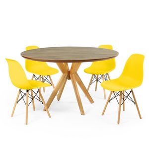 Conjunto Mesa De Jantar Redonda Marci Premium Natural 120cm Com 4 Cadeiras Eames Eiffel - Amarelo