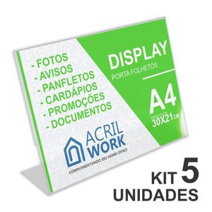 Kit 5 Displays Acrílico Porta Folha Papel A4 L Horizontal