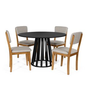Mesa De Jantar Redonda Gabi Preta Com 4 Cadeiras Estofadas Ella Cinza Claro