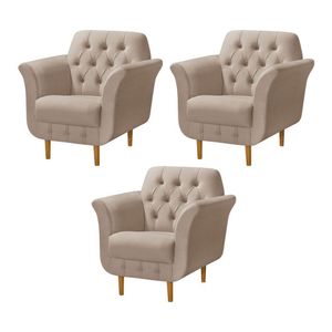 Kit 3 Poltronas Decorativa Pés Palito Em Madeira Playa Veludo Bege - Bege