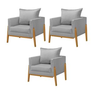 Kit 3 Poltronas Living Base E Pés Em Madeira Maciça Madagascar Linho Cinza - Cinza