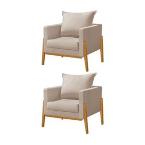 Kit 2 Poltronas Living Base E Pés Em Madeira Maciça Madagascar Veludo Bege - Bege