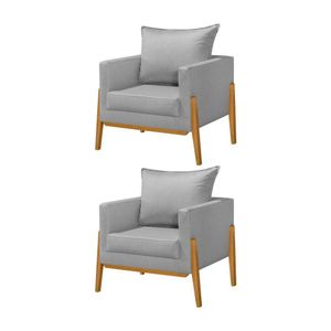 Kit 2 Poltronas Living Base E Pés Em Madeira Maciça Madagascar Linho Cinza - Cinza