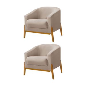 Kit 2 Poltronas Living Base Em Madeira Maciça Flórida Veludo Bege - Bege
