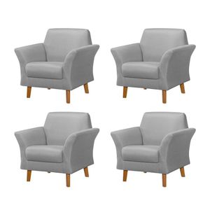 Kit 4 Poltronas Retrô Pés Em Madeira Maciça Jamaica Linho Cinza - Cinza