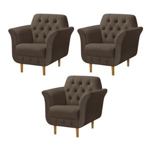 Kit 3 Poltronas Decorativa Pés Palito Em Madeira Playa Veludo Marrom - Marrom