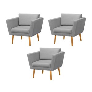 Kit 3 Poltronas Retrô Pés Palito Em Madeira Paraty Linho Cinza - Cinza